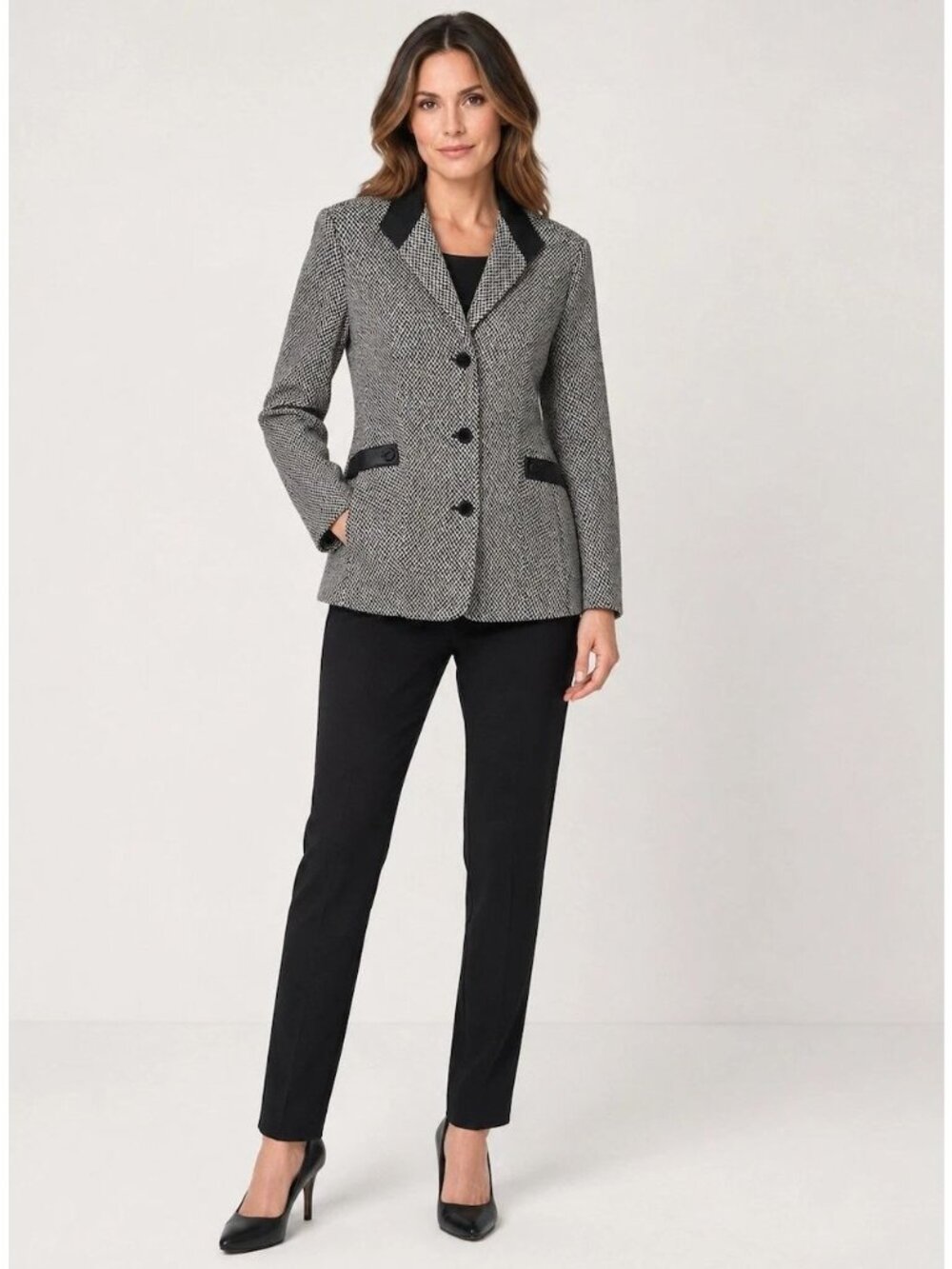 Talbots Womens Houndstooth Leather Wool Blazer Jacket Size 12 Black White FA EXC